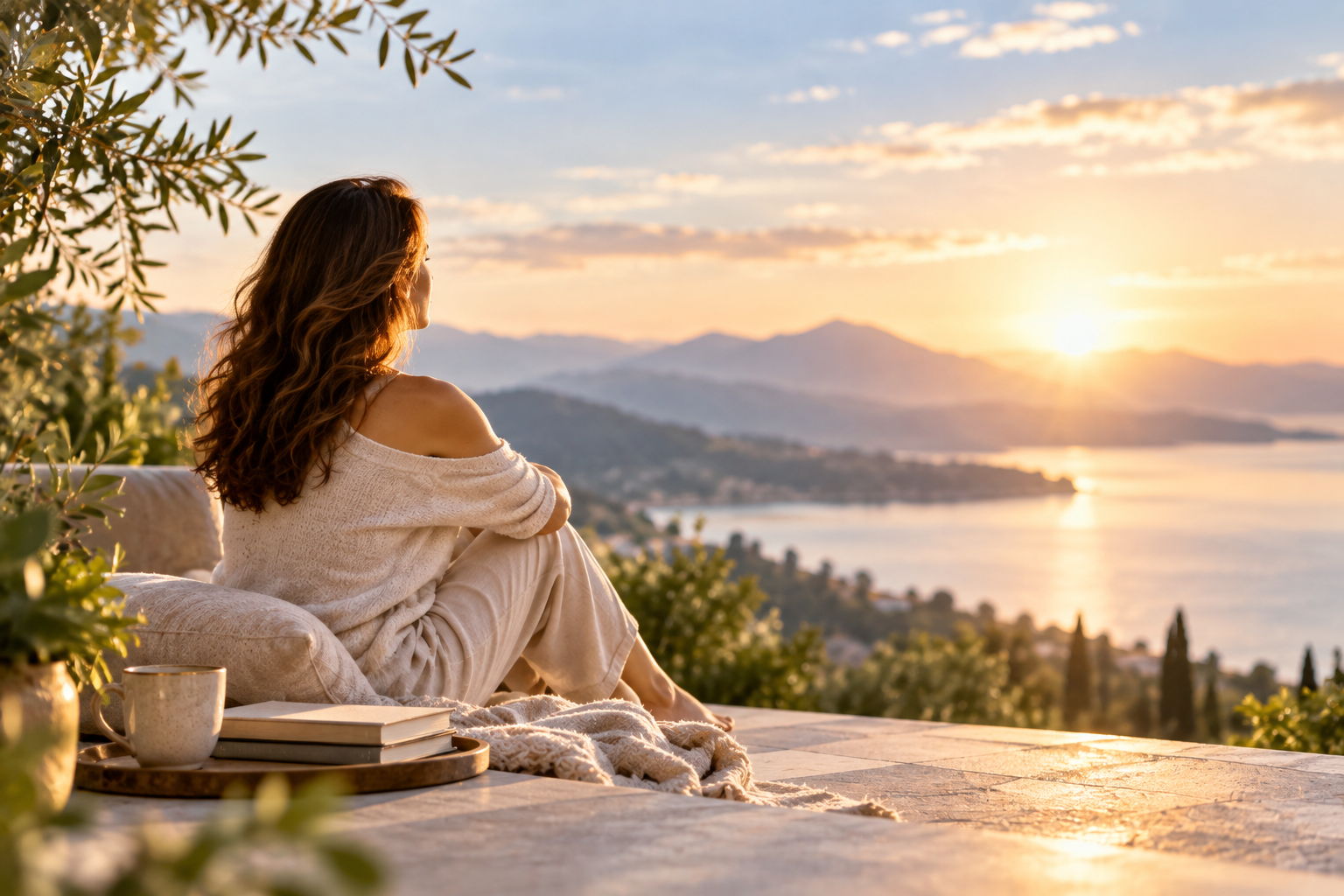 A woman seated on a sunlit terrace overlooking a golden lake and mountain horizon — evoking stillness, possibility, and personal renewal