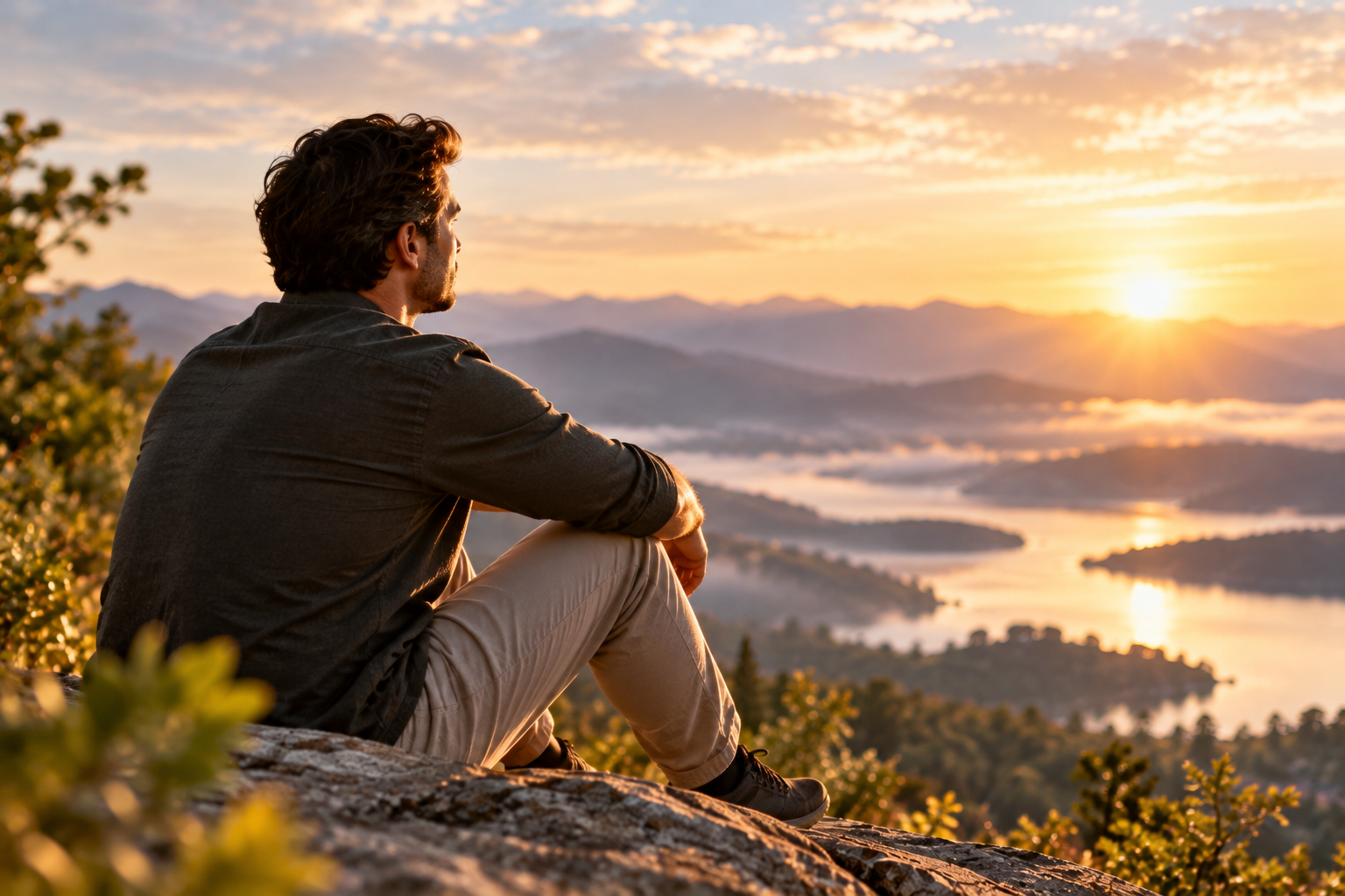 A man seated on a mountain summit at golden hour, overlooking a misty lake and valley — evoking stillness, perspective, and the clarity that comes from within