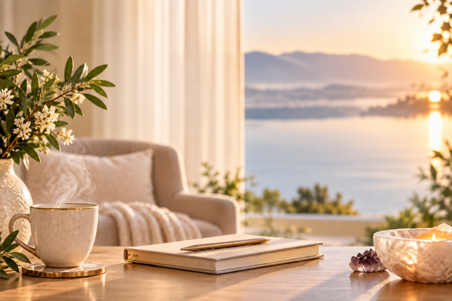 A serene morning setting — journal, tea, and soft golden light — evoking the calm of a private session